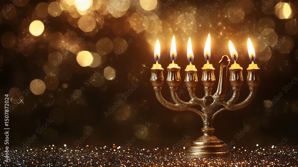 Poster illuminated menorah on a dark background with sparkling details.