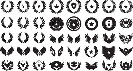 Fototapeta premium Collection of Elegant Black and White Laurel Wreaths, Wings, and Star Emblems Vector Graphics for Design