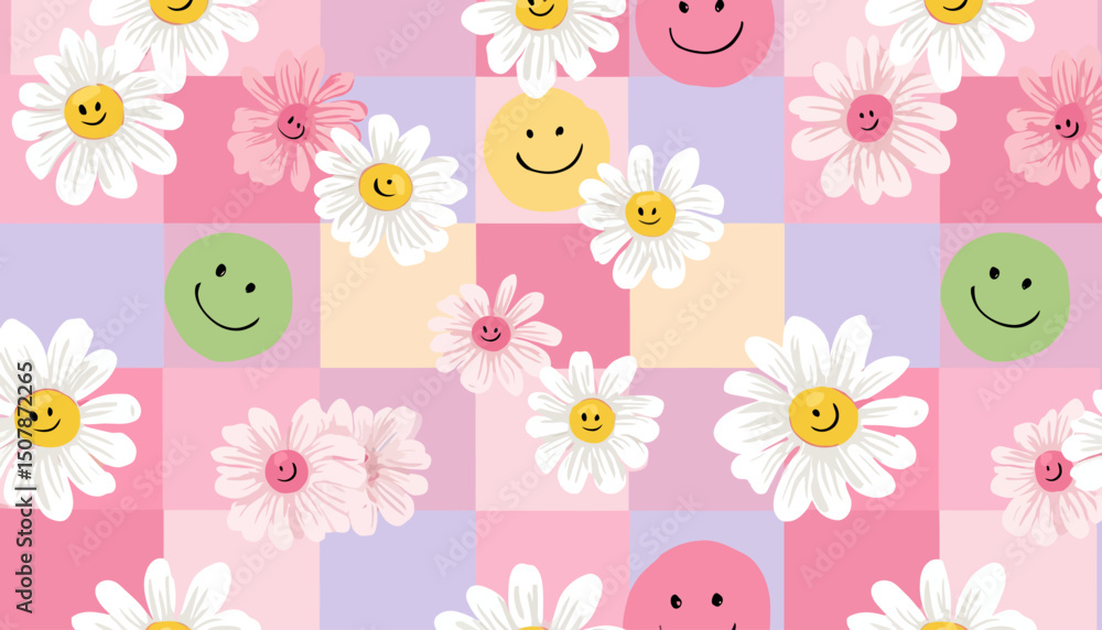 Poster y2k seamless pattern vector with daisy, chess, and smile icons in retro trippy 2000s style with lila