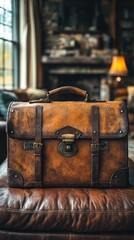 Leather chest sits on a leather couch in a room with a fireplace.