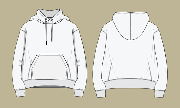 Man's Kangaroo pocket long sleeve hooded sweat shit with Drawstring Flat sketch . Front and Back view..