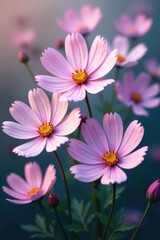 Fototapeta premium Delicate purple & white cosmos blossoms, soft focus floral background, illustration, soft