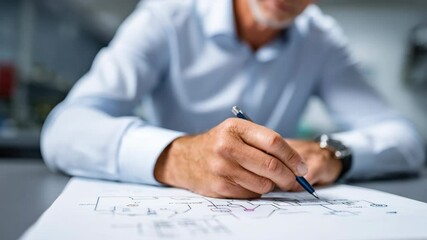 Close up of mature man architect blue shirt drawing architectural blueprint, focusing his hand holding pen modern office environment, planning technical diagram and creative workspace project