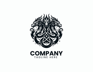 Mystical Three-Headed Dragon Emblem Illustration Vector Logo Design