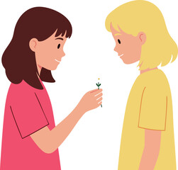 Two girls exchanging small flower in simple flat style vector illustration 