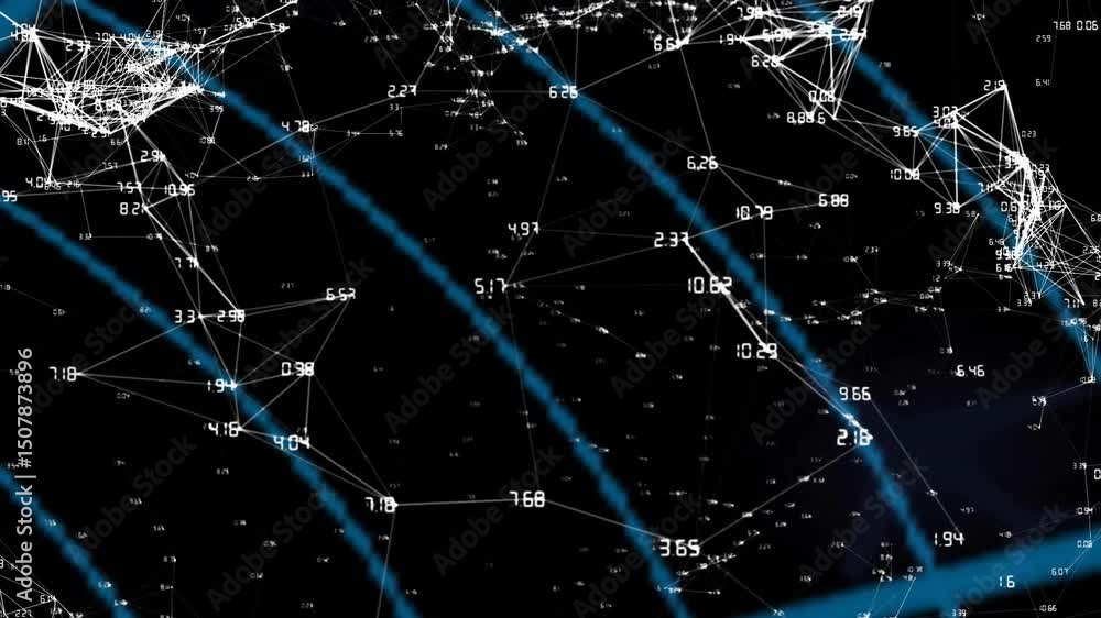 Aufkleber nodes appearing, arc sweeping network, data updating and airplane moving, visualizing connectivity