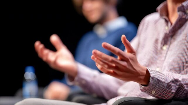 Two people sitting stage professional interview or discussion, one focus wearing checkered shirt and gesturing with hands, while other is blurred background, highlighting hand gesture, conversation