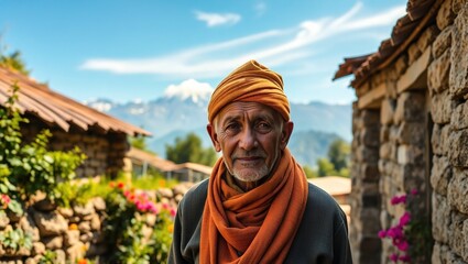Elderly Nepali man with wrinkled skin, wearing traditional Dhaka topi and earth-toned scarf, stands in rustic stone doorway with lush greenery and Himalayan mountains behind under clear sky.

