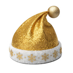 Sparkling Festive Delight: A gleaming golden Santa hat, adorned with sparkling details and festive snowflake pattern, capturing the essence of Christmas cheer.