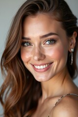 Radiant smiling woman looking at camera against a plain background