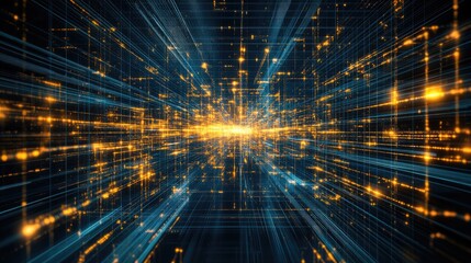 A digital network pattern of converging lines and glowing particles.