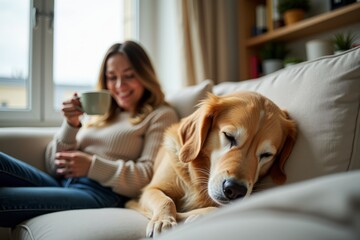 Woman relaxed with her dog sleeping on a cozy couch background with copy space