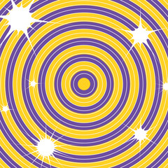 Flat Styled Yellow and Purple Circle Lines Background with Glitter Stars and White Lines