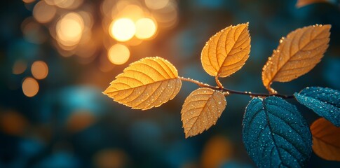 Obraz premium Captivating Autumn Leaves with Dew Drops Nature Scene Outdoor Photography Soft Lighting Macro View Seasonal Beauty