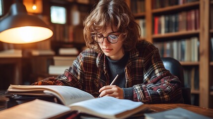 Focused student studying in a library