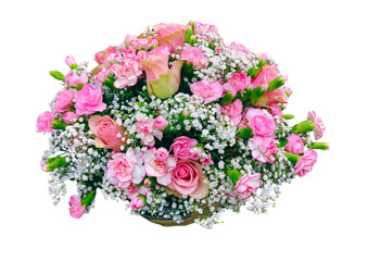 pink blooming basket of flowers isolated on white