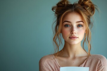 Captivating Portrait of Young Woman with Natural Makeup Indoor Setting Lifestyle Photography Calm Atmosphere Close-Up View with copy space