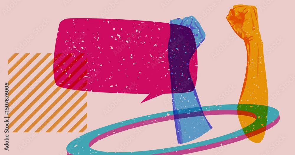 Aufkleber risograph clenched, raised fists at a demonstration and speech bubble with geometric shapes animatio
