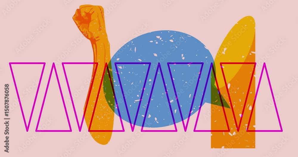 Poster risograph clenched, raised fists at a demonstration and speech bubble with geometric shapes animatio