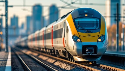 Modern high-speed train on railway tracks with blurred city skyline background