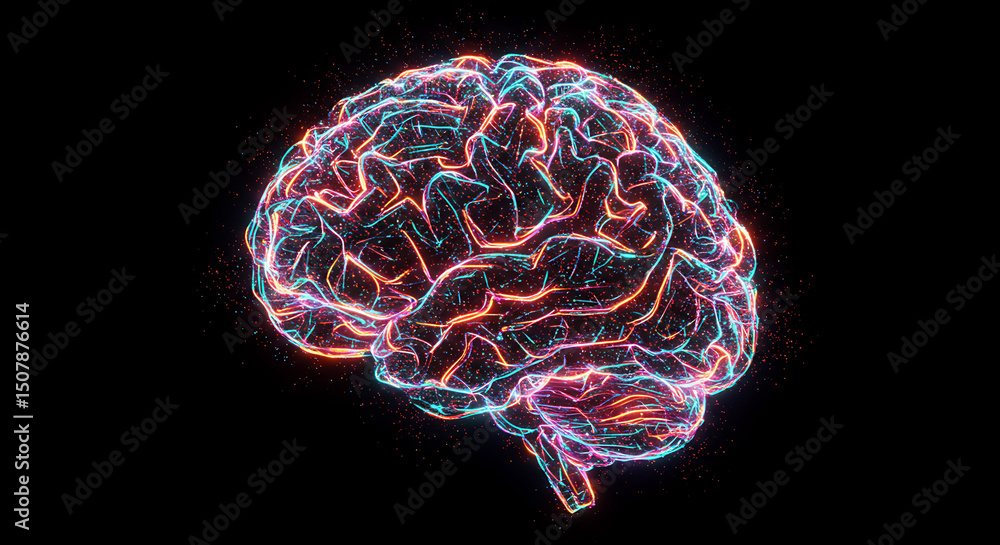 Poster abstract glowing human brain neural network artificial intelligence technology concept