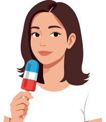 Young woman holding red white and blue popsicle summer refreshment vector illustration 