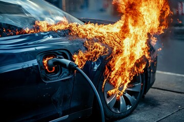 Dramatic close-up of an electric vehicle ablaze at its charging station.