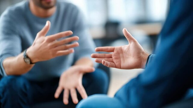 Two people having conversation and discussion indoors, using expressive hand gestures to show communication, support, agreement, and counseling, highlighting people�s meeting, gesture, and connection