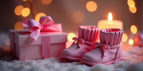Pink booties near a lit christening candle & gift , adorable, religious, ceremony