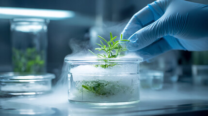 A gloved hand tending to a plant growing in a glass jar with vapor in a laboratory setting with other jars