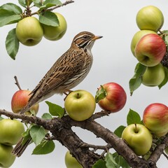 A lark on a branch with apples and bananas, white background