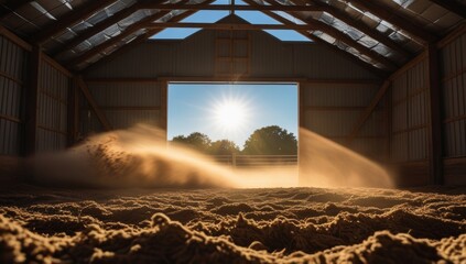 Equine arena bathed in sunlight with dust motes dancing in the air movement