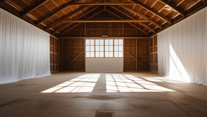 Fototapeta premium Spacious wooden warehouse interior with natural light and white curtains