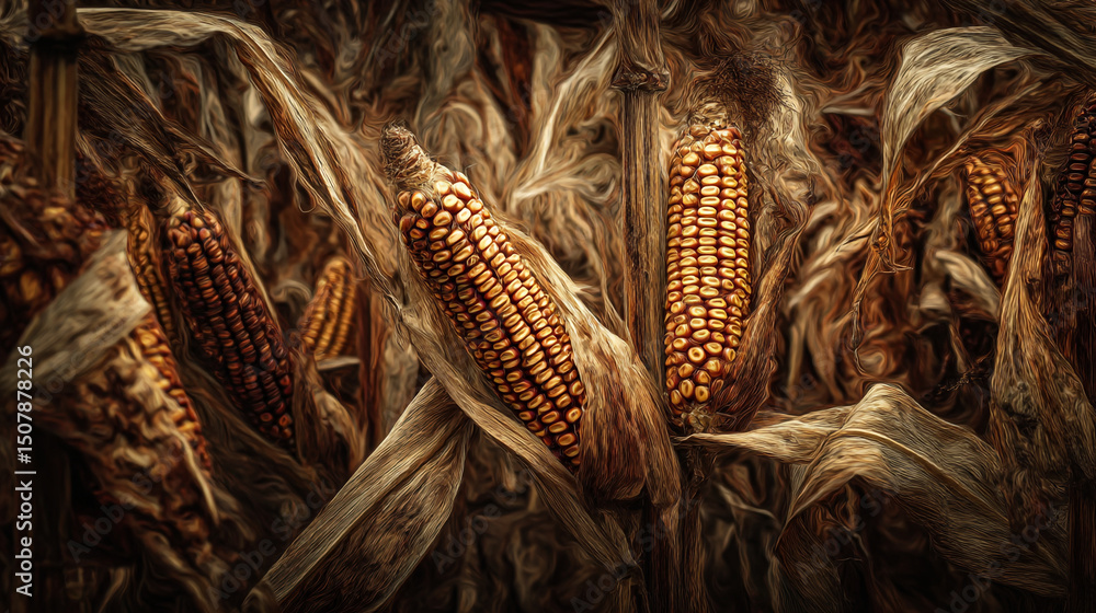Poster close up view of dried corn cobs with brown kernels and husks in an artistic rendering style