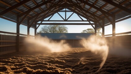 Sunlit horse barn interior with dust motes creating an atmospheric scene