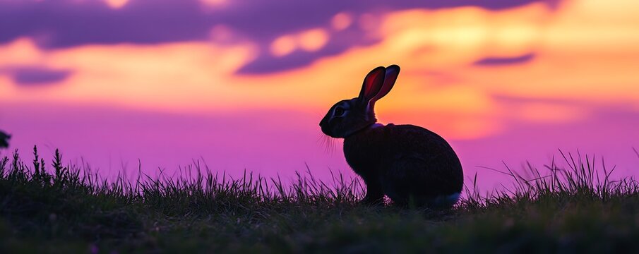A rabbit silhouette against the purple and orange hues of a breathtaking Easter evening sky