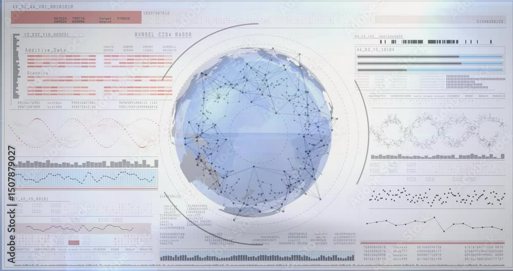 Poster 3d globe emerging and rotating while data panels scanning and nodes pulsing, showing global links