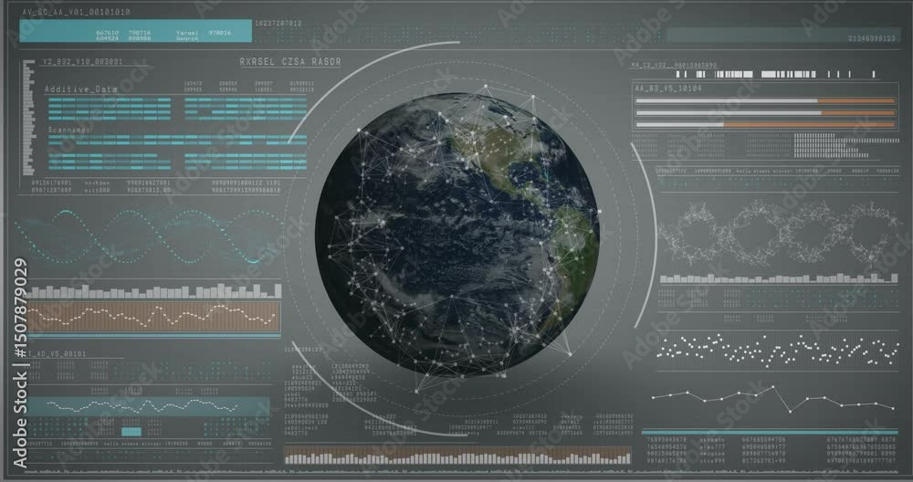 Poster receiving data feed, digital globe rotating with nodes mapping real-time data network