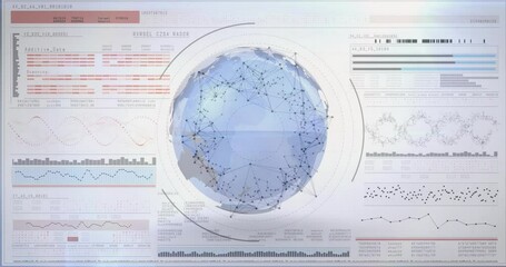 3D globe emerging and rotating while data panels scanning and nodes pulsing, showing global links - Powered by Adobe