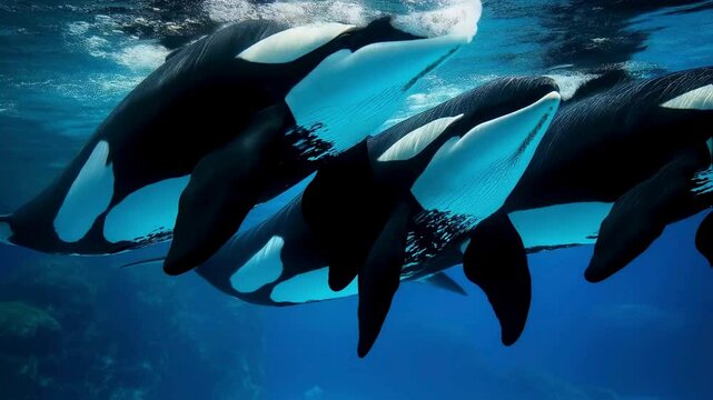 Majestic Orca Whales Swimming Gracefully Underwater
