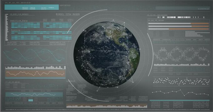 Receiving data feed, digital globe rotating with nodes mapping real-time data network