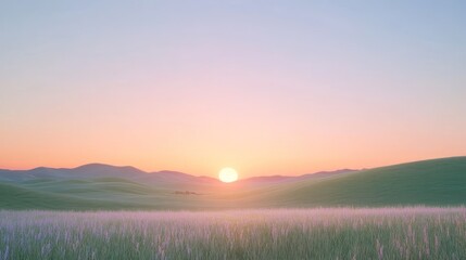 Obraz premium Serene Sunset over Rolling Hills and Lavender Fields