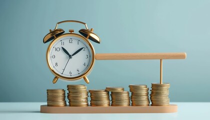 A golden alarm clock symbolizes the balance between time and money management.