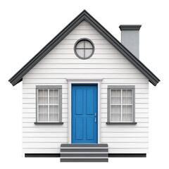 Naklejka premium A small white house with a blue door and two windows and a round window on a black background