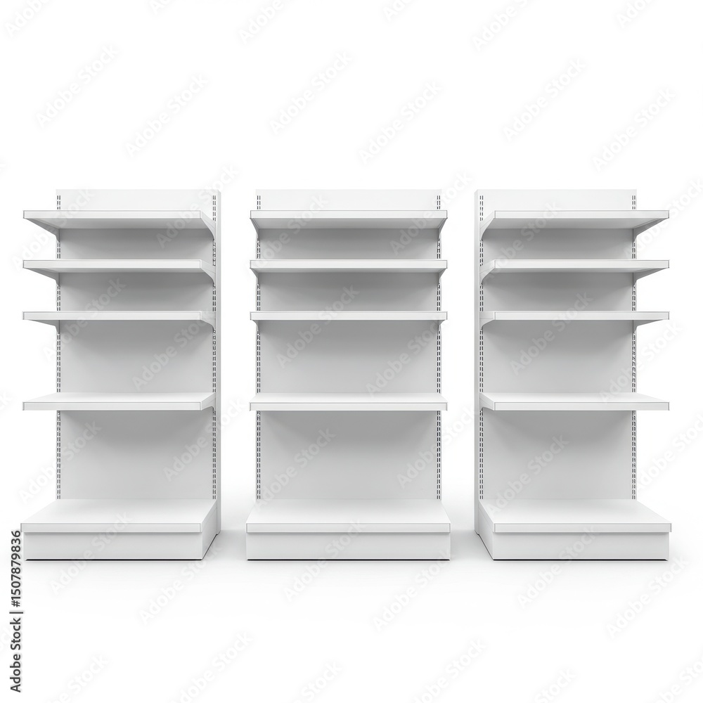 Wall mural three empty store shelves isolated on white background for product display and retail use