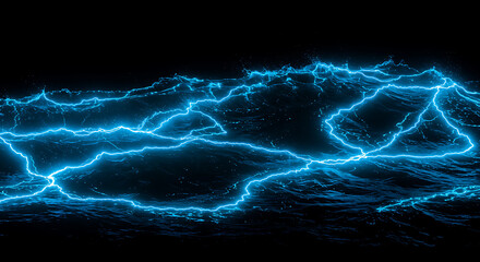 Fototapeta premium Abstract Blue Electric Lightning Bolts Over Dark Water Waves Background