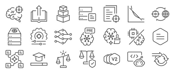 LLM training icon set. It includes prompt, code, ai, engineering, generated and more icons. Editable Vector Stroke.
