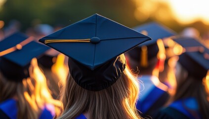 Graduation ceremony featuring graduates wearing caps and gowns at sunset