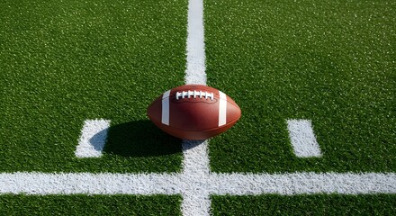 American Football sitting on a grass football field on the yard line