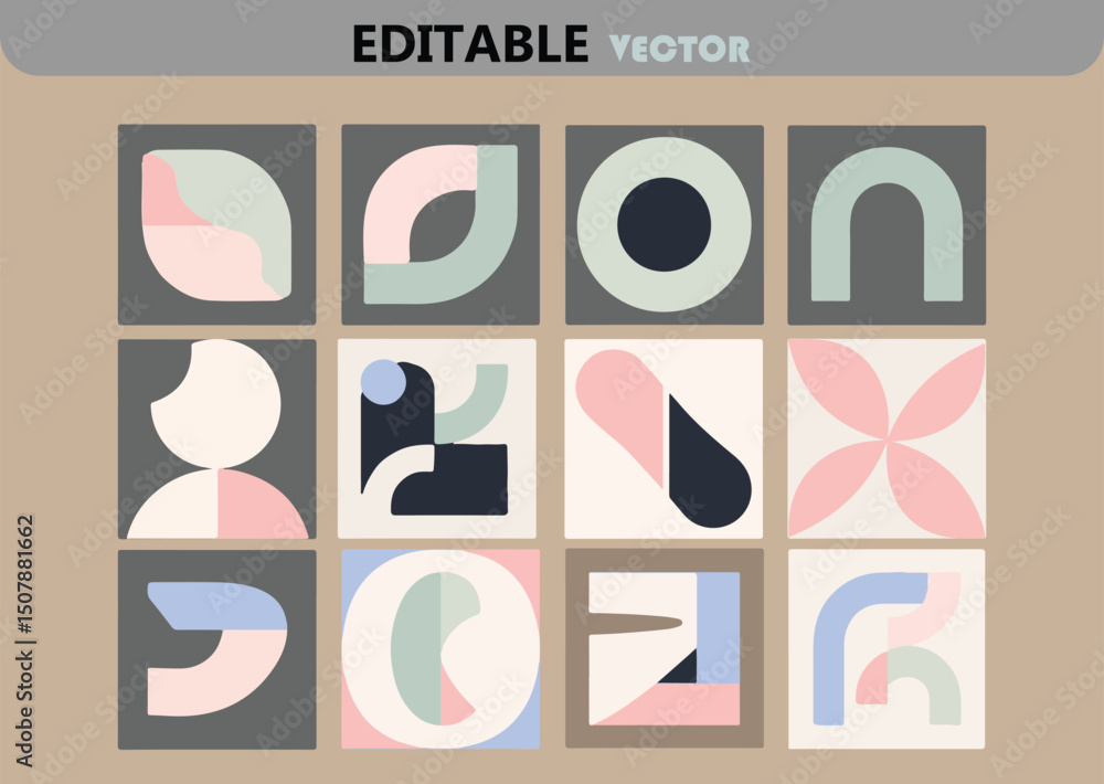 Aufkleber trendy geometric shapes pattern in pastel colors featuring abstract forms circles arches and floral 